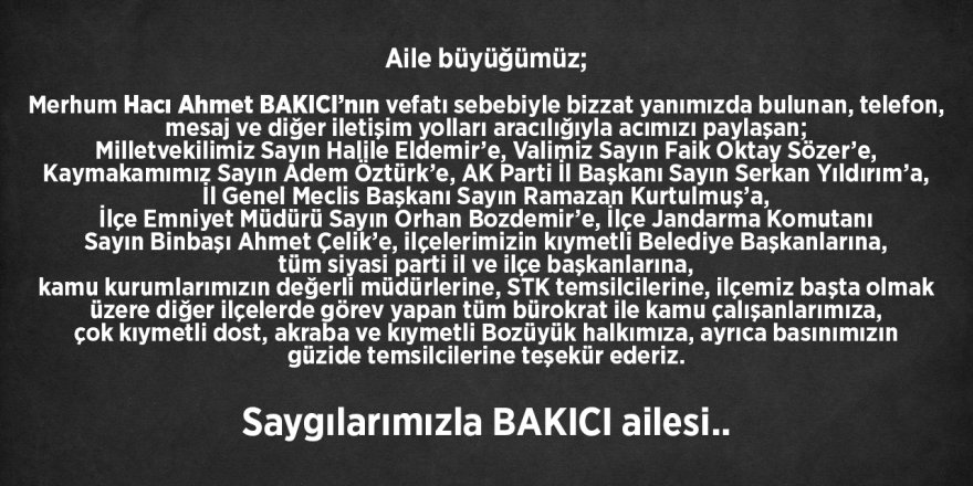 Bakıcı Ailesi/Teşekkür İlanı